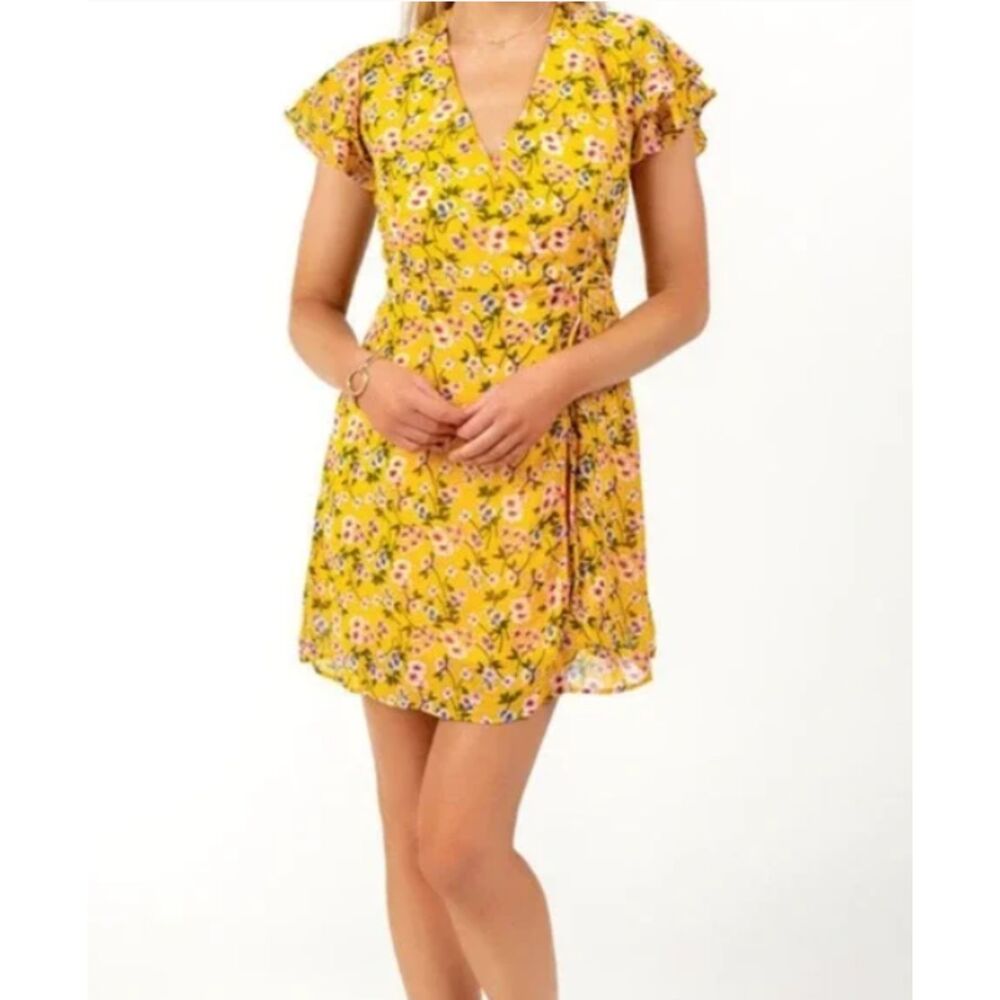 Harper Heritage Dora Yellow Floral Ruffle Mini Wrap Dress Playful Summer Chic M